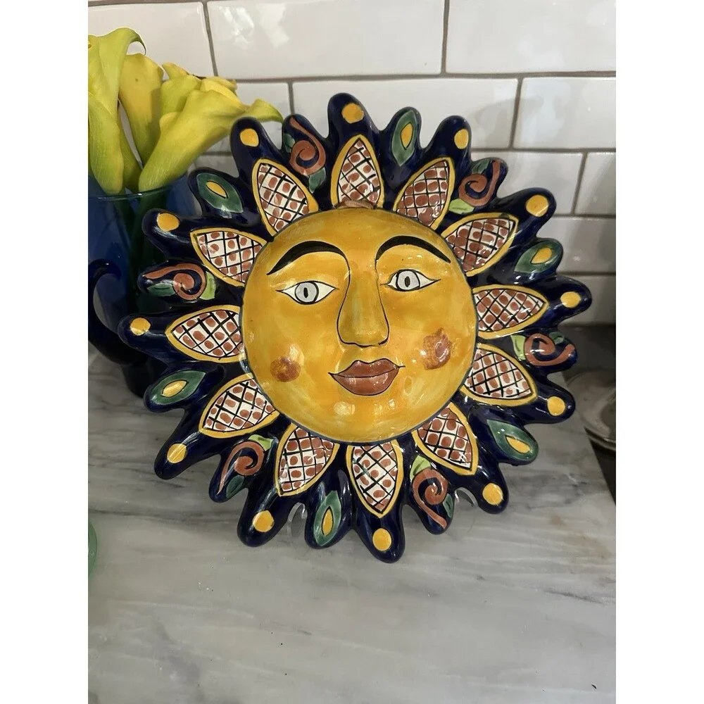 Talavera Style Sun Face Wall Art Hand Painted Ceramic Floral 12” Mexico Folk Art